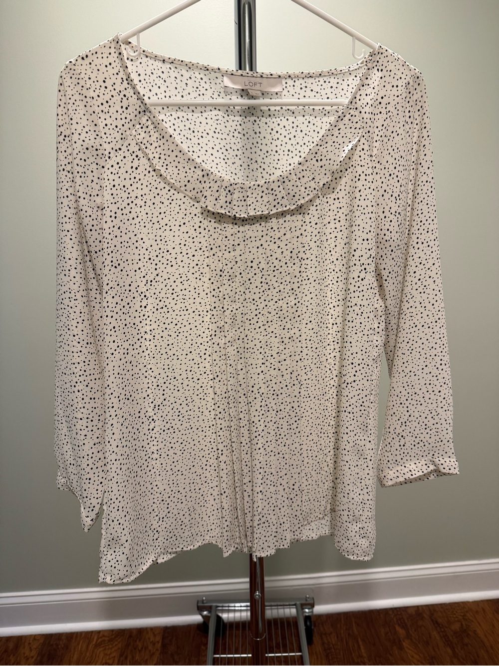 LOFT Speckled Dot Ruffle Pintuck Blouse Ivory Black Small